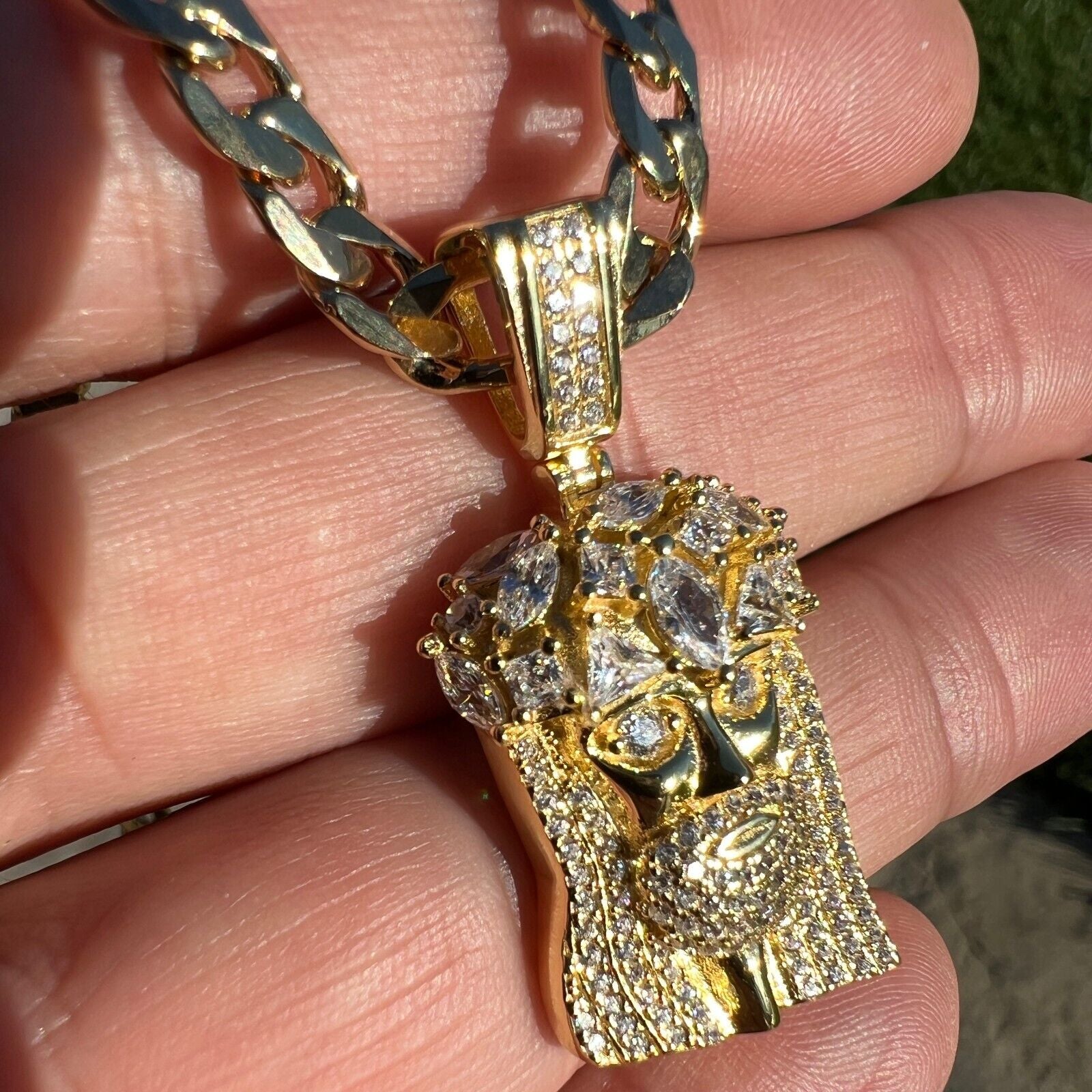 14K Gold Plated 925 Sterling Silver CZ Jesus Piece W/Gp Brass Figaro Chain 24"