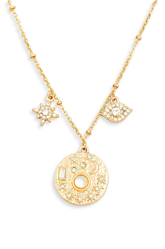 Gold Moon Star Evil Eye Rhinestone Pendent Necklace